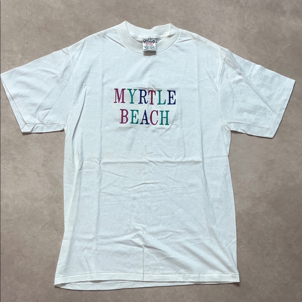 Vintage Single Stitch White Myrtle Beach Oneita Power T Cotton Graphic T-Shirt